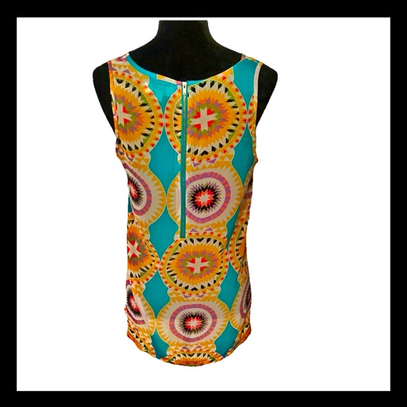 🎉HP🎉ANTHRO Umgee Sheer Chiffon Sleeveless Geometric Retro Mod Artsy Print Top S - Picture 3 of 5